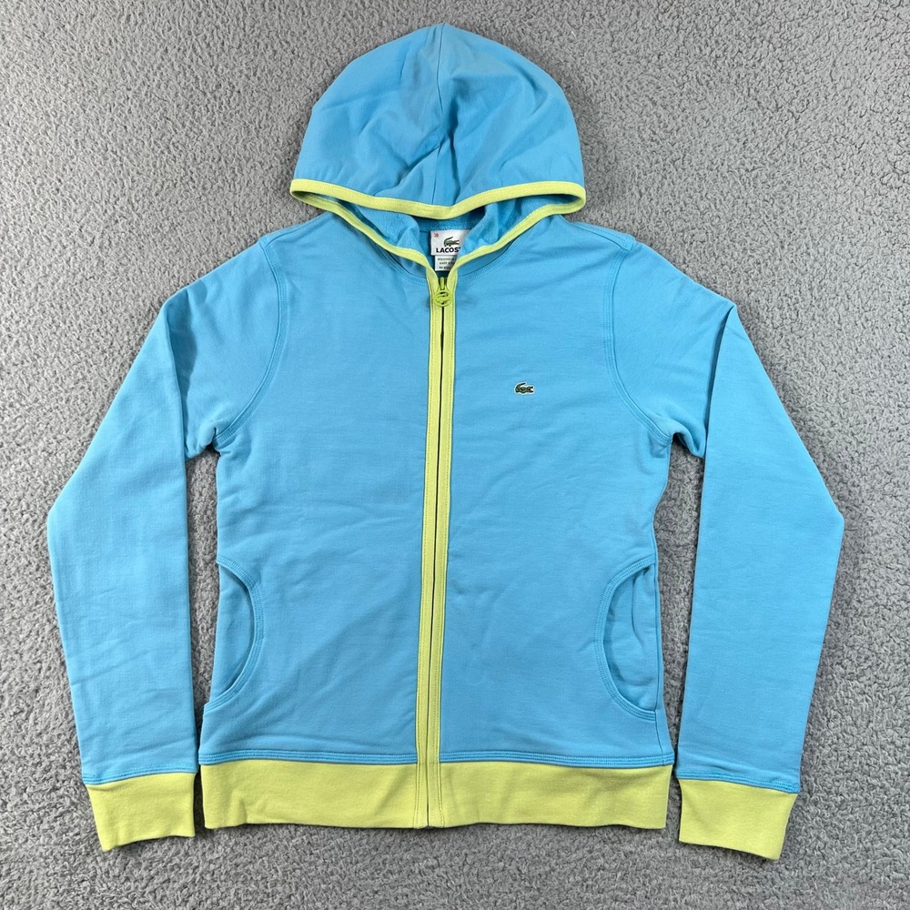 Lacoste Full Zip Hoodie Women US M (EU/6) Blue‎ Lime Green Logo Stretch VTG NWT